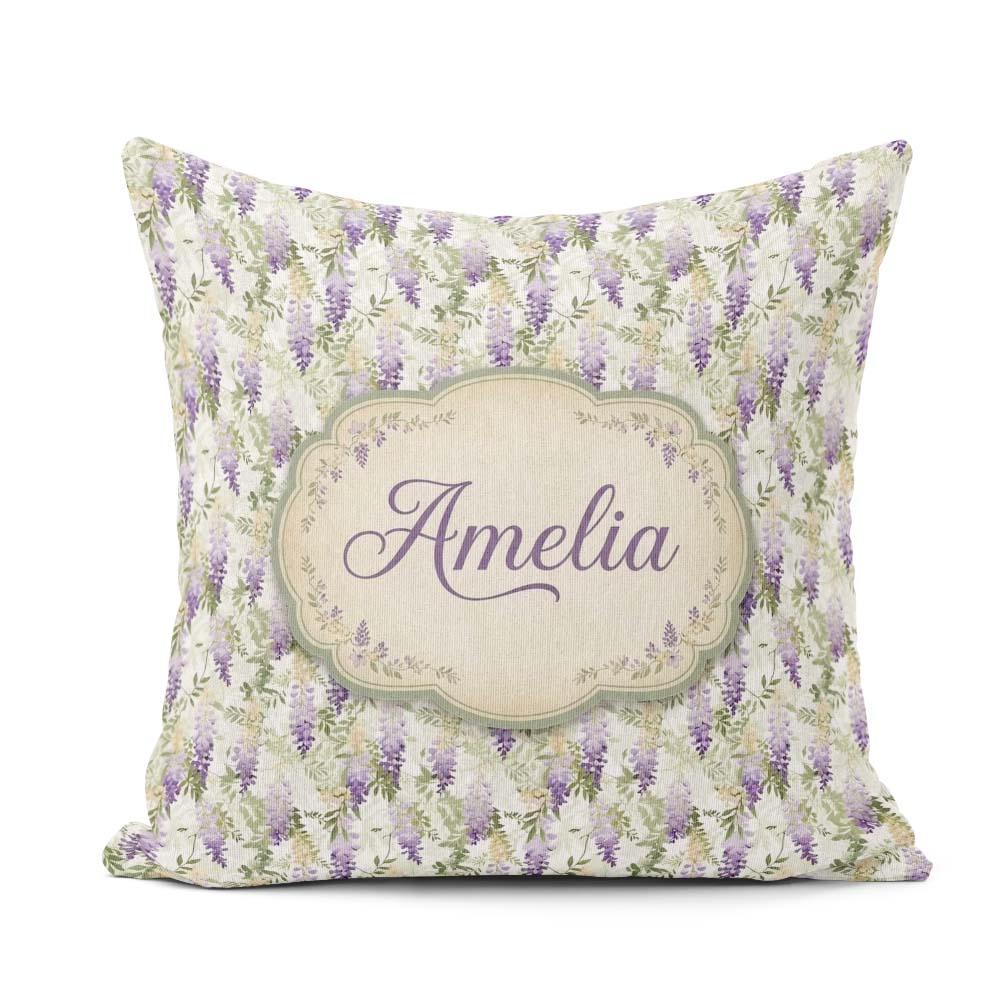 Custom Name Light Pastel Wisteria Floral Vine Seamless Name Cute Square Filled Cushion Throw Pillow Sofa Bed Home Decor Zip Washable UK Made