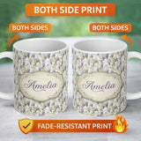 Personalized Custom Name Light Pastel Wisteria Floral Vine Elegant Seamless Pattern Name Cute 11oz Ceramic Coffee Tea Mug White Large Handle
