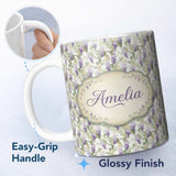 Personalized Custom Name Light Pastel Wisteria Floral Vine Elegant Seamless Pattern Name Cute 11oz Ceramic Coffee Tea Mug White Large Handle