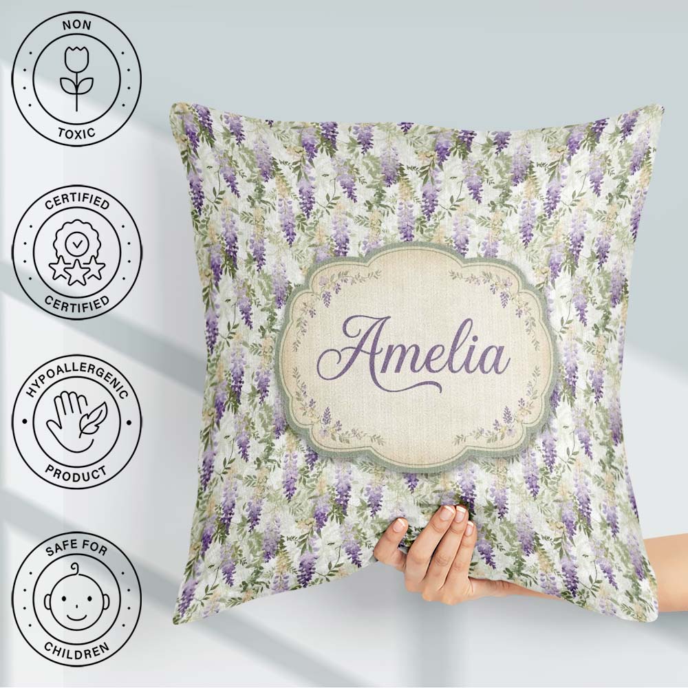 Custom Name Light Pastel Wisteria Floral Vine Seamless Name Cute Square Filled Cushion Throw Pillow Sofa Bed Home Decor Zip Washable UK Made