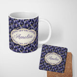 Personalized Custom Name Rich Purple Wisteria on Dark Background Floral Seamless Pattern 11oz Ceramic Coffee Tea Mug White Large Handle
