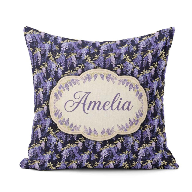 Custom Name Rich Purple Wisteria on Dark Floral Seamless Pattern Square Filled Cushion Throw Pillow Sofa Bed Home Decor Zip Washable UK Made