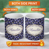 Personalized Custom Name Rich Purple Wisteria on Dark Background Floral Seamless Pattern 11oz Ceramic Coffee Tea Mug White Large Handle