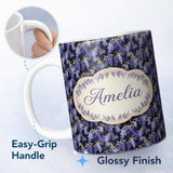 Personalized Custom Name Rich Purple Wisteria on Dark Background Floral Seamless Pattern 11oz Ceramic Coffee Tea Mug White Large Handle