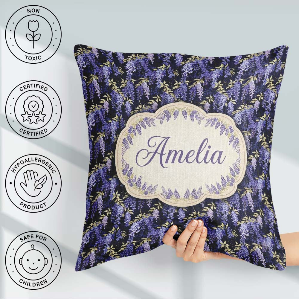 Custom Name Rich Purple Wisteria on Dark Floral Seamless Pattern Square Filled Cushion Throw Pillow Sofa Bed Home Decor Zip Washable UK Made