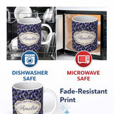 Personalized Custom Name Rich Purple Wisteria on Dark Background Floral Seamless Pattern 11oz Ceramic Coffee Tea Mug White Large Handle