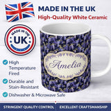 Personalized Custom Name Rich Purple Wisteria on Dark Background Floral Seamless Pattern 11oz Ceramic Coffee Tea Mug White Large Handle