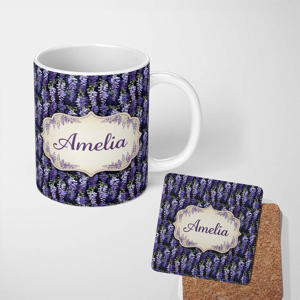 Personalized Custom Name Dark Purple Wisteria Hanging Blossoms on Night Background Seamless 11oz Ceramic Coffee Tea Mug White Large Handle