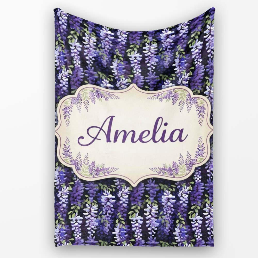 Dark Purple Wisteria Hanging Blossoms on Night Background Seamless  Personalised Custom Name Super Soft Fleece Blanket Bed Sofa Throw