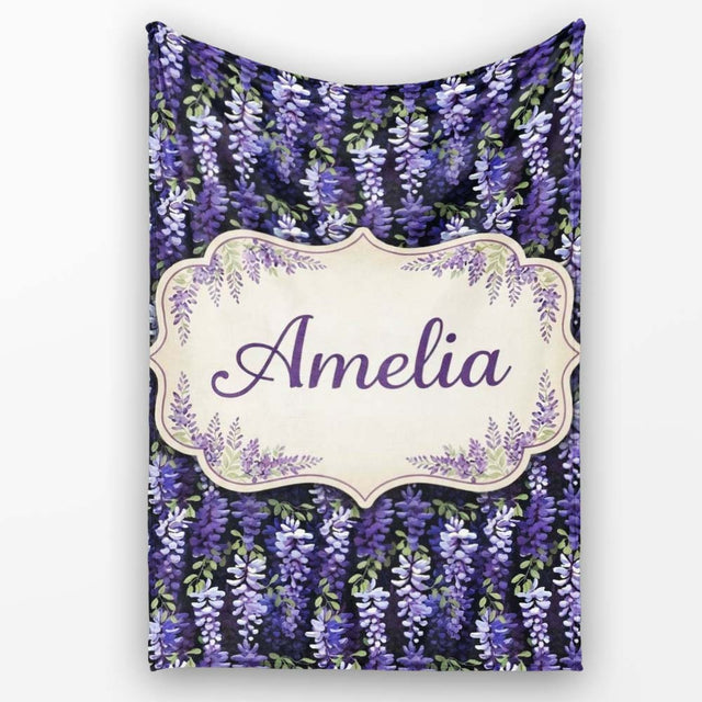 Dark Purple Wisteria Hanging Blossoms on Night Background Seamless  Personalised Custom Name Super Soft Fleece Blanket Bed Sofa Throw