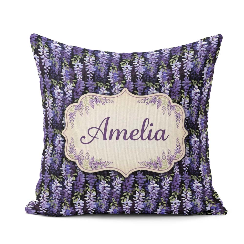 Custom Name Purple Wisteria Hanging Blossoms on Night Background Square Filled Cushion Throw Pillow Sofa Bed Home Decor Zip Washable UK Made