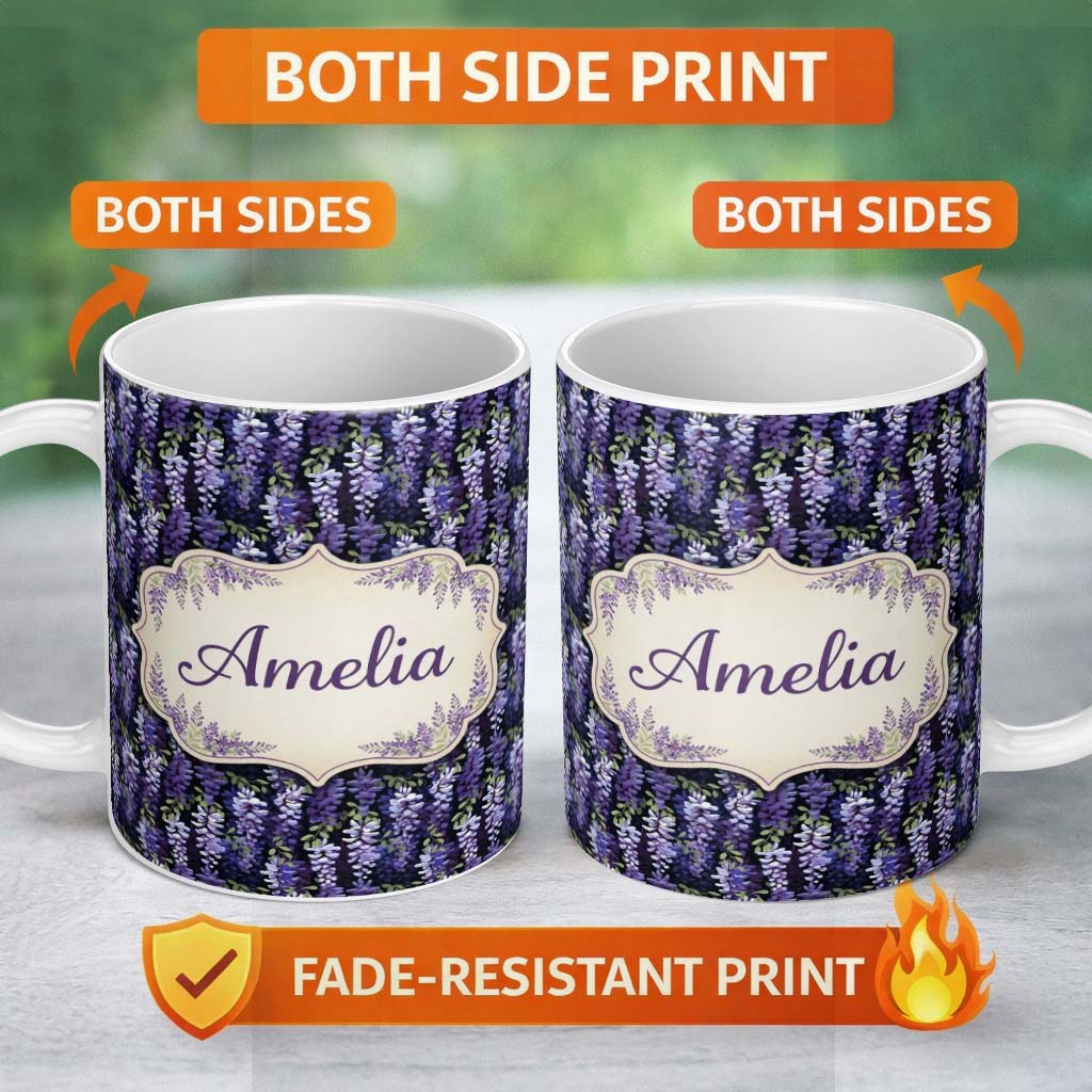 Personalized Custom Name Dark Purple Wisteria Hanging Blossoms on Night Background Seamless 11oz Ceramic Coffee Tea Mug White Large Handle