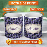 Personalized Custom Name Dark Purple Wisteria Hanging Blossoms on Night Background Seamless 11oz Ceramic Coffee Tea Mug White Large Handle