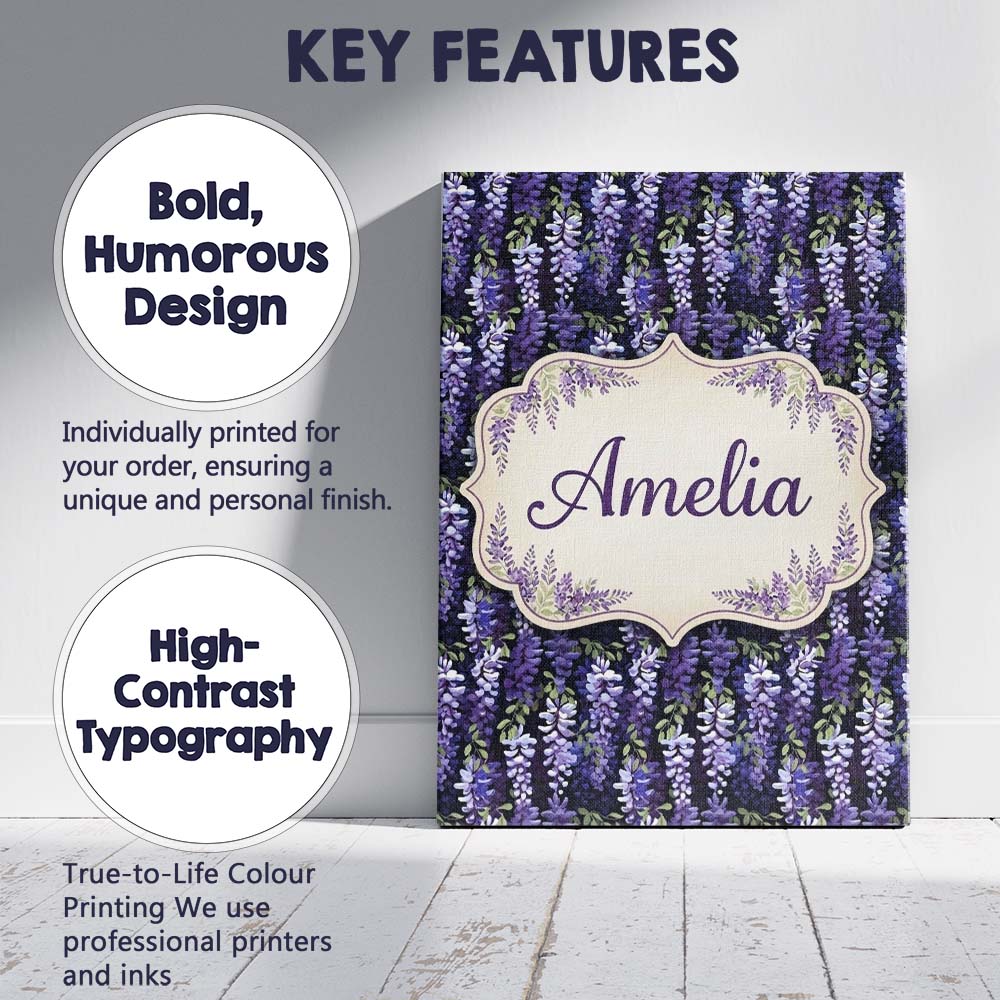 Personalised Name Dark Purple Wisteria Custom  Modern Room Accent Elegant Feature Canvas Wall Art Print Decor Picture Ready to Hang