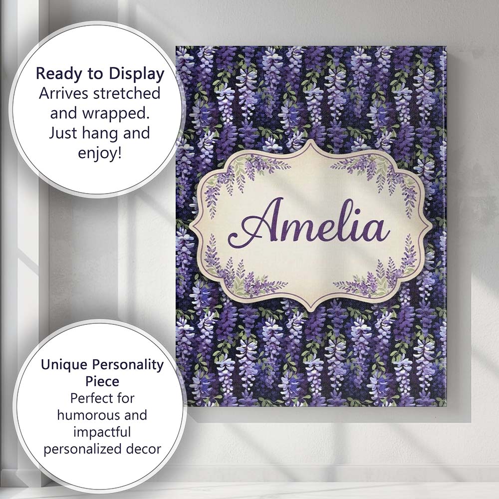 Personalised Name Dark Purple Wisteria Custom  Modern Room Accent Elegant Feature Canvas Wall Art Print Decor Picture Ready to Hang