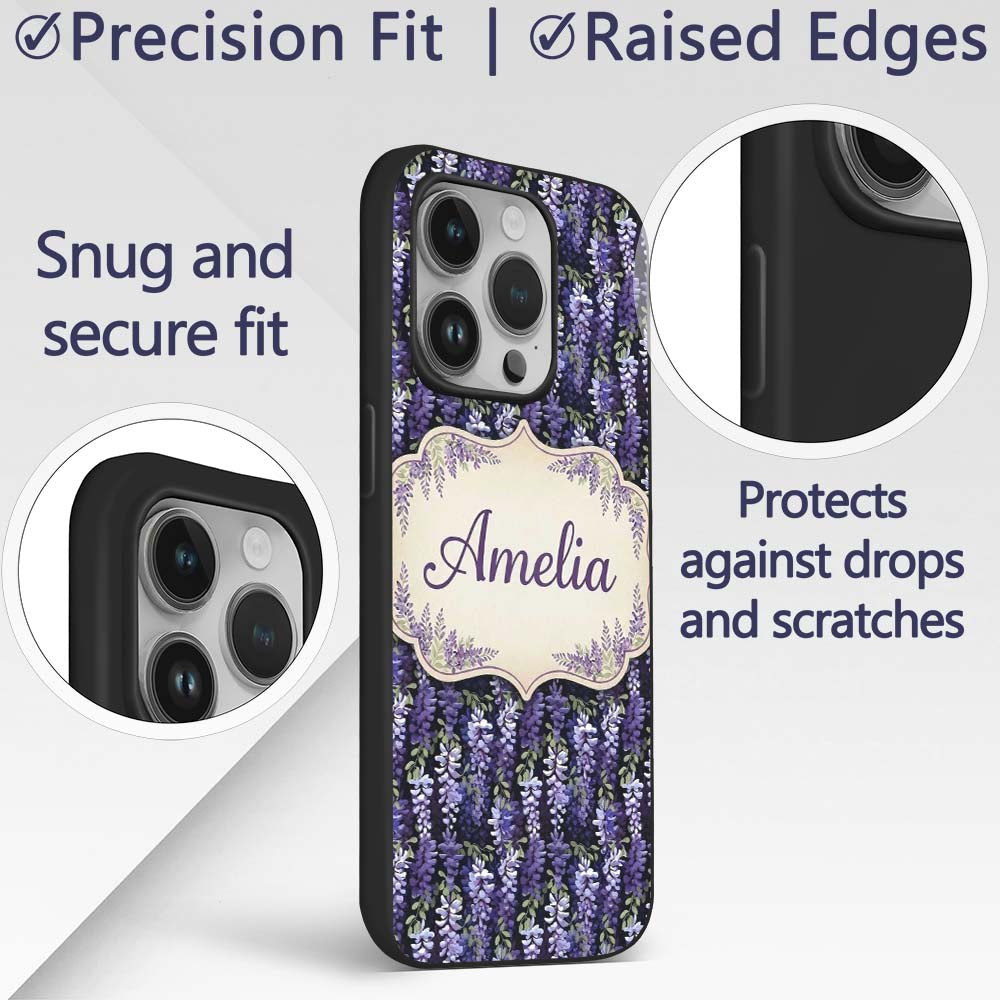 Dark Purple Wisteria Hanging Blossoms on Night Custom Name Protective Phone Case Mobile Cover Durable Everyday Smartphone Shock Resistant