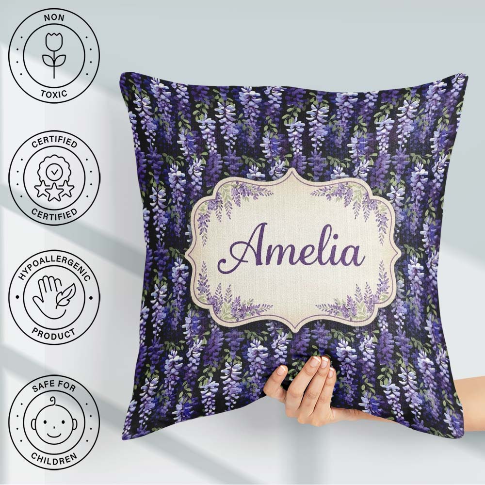 Custom Name Purple Wisteria Hanging Blossoms on Night Background Square Filled Cushion Throw Pillow Sofa Bed Home Decor Zip Washable UK Made