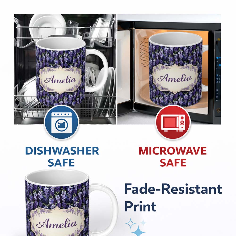 Personalized Custom Name Dark Purple Wisteria Hanging Blossoms on Night Background Seamless 11oz Ceramic Coffee Tea Mug White Large Handle