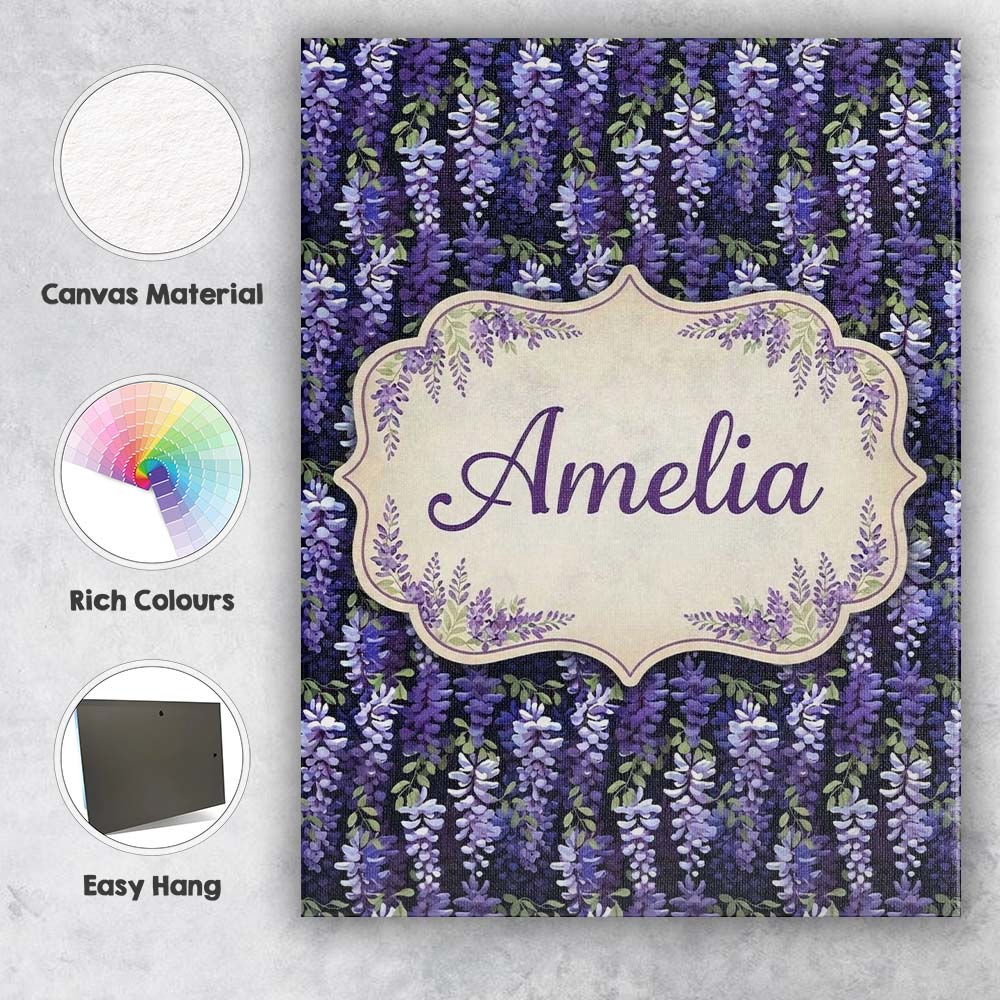 Personalised Name Dark Purple Wisteria Custom  Modern Room Accent Elegant Feature Canvas Wall Art Print Decor Picture Ready to Hang