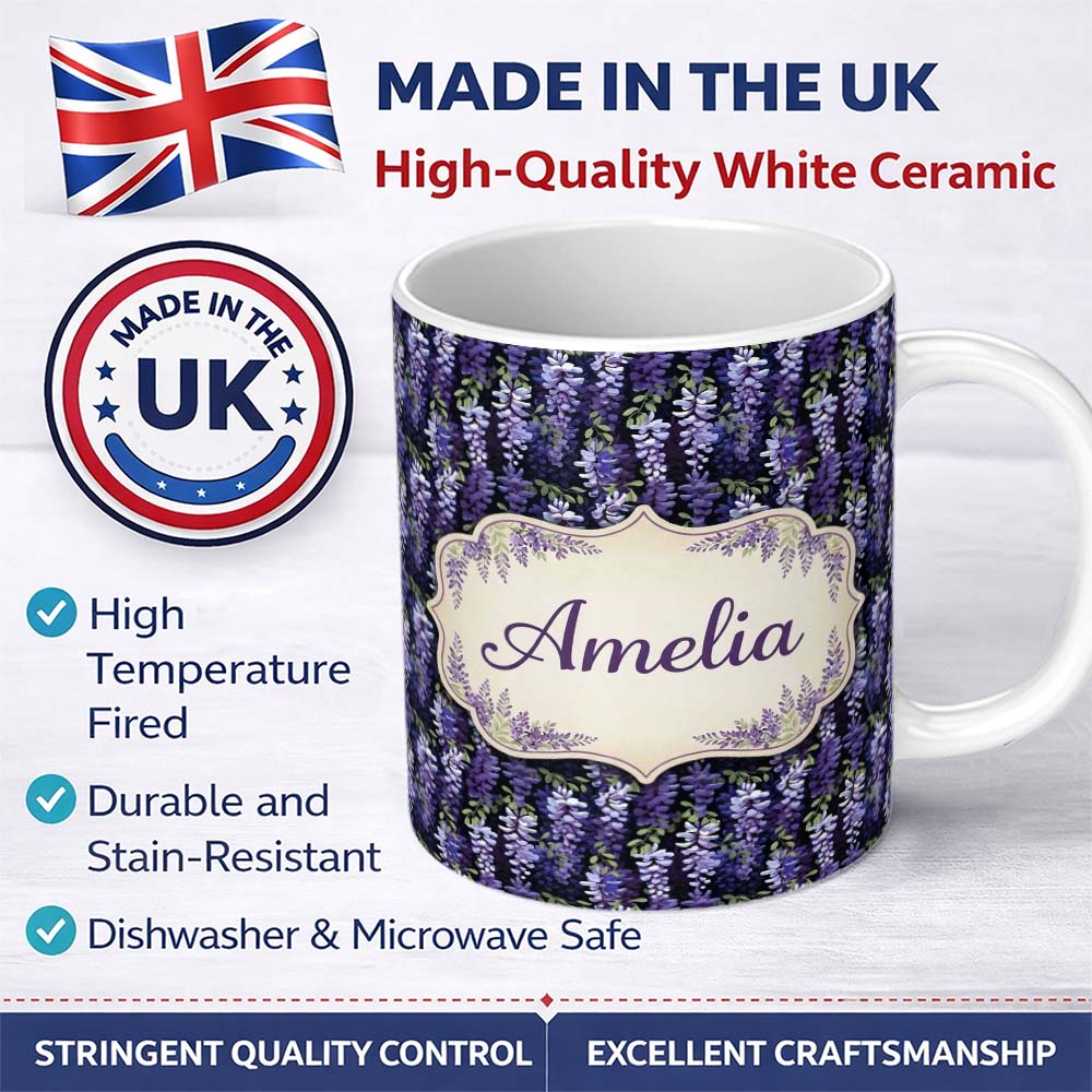Personalized Custom Name Dark Purple Wisteria Hanging Blossoms on Night Background Seamless 11oz Ceramic Coffee Tea Mug White Large Handle