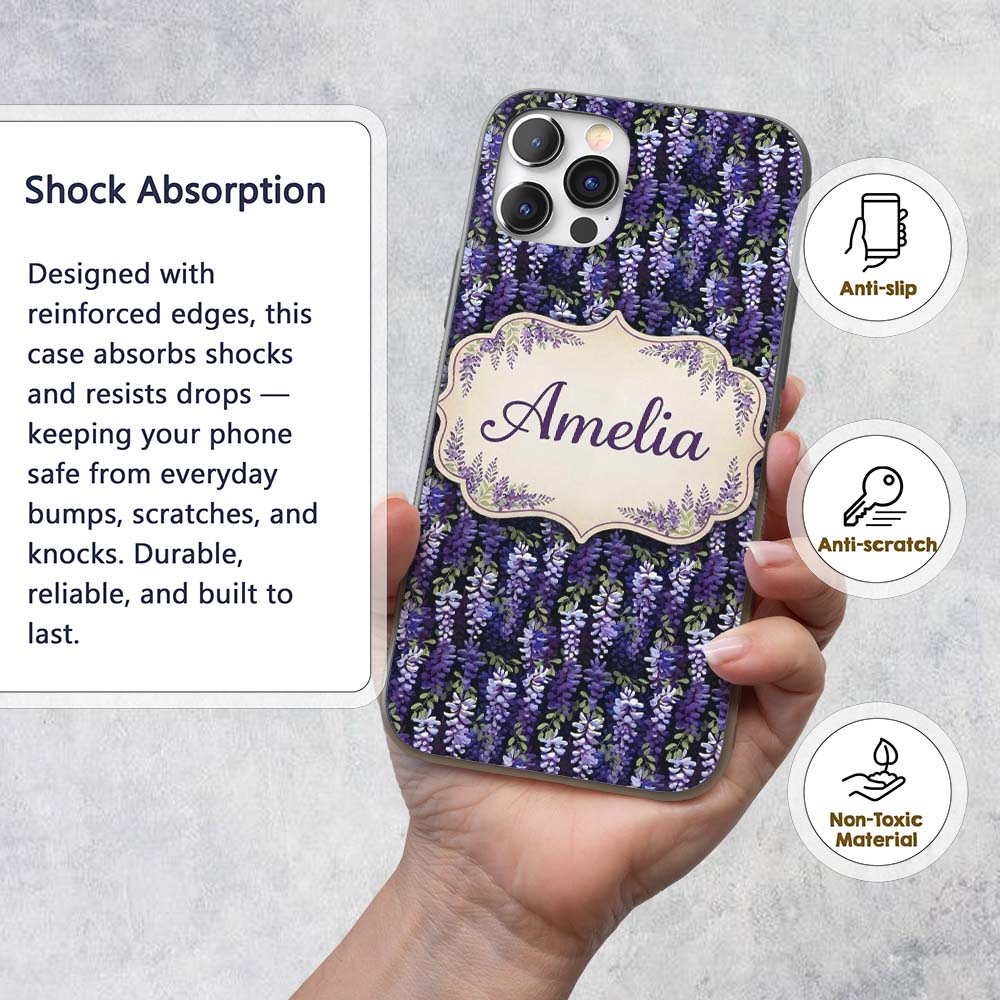 Dark Purple Wisteria Hanging Blossoms on Night Custom Name Protective Phone Case Mobile Cover Durable Everyday Smartphone Shock Resistant