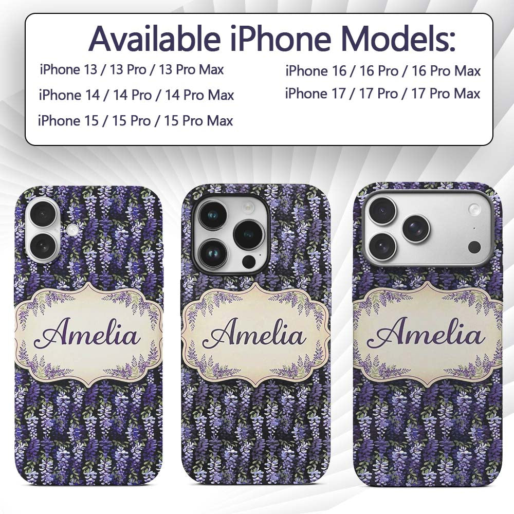Dark Purple Wisteria Hanging Blossoms on Night Custom Name Protective Phone Case Mobile Cover Durable Everyday Smartphone Shock Resistant