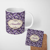 Personalized Custom Name Elegant Purple Wisteria Clusters with Soft Leaves Seamless Pattern 11oz Ceramic Coffee Tea Mug White Large Handle