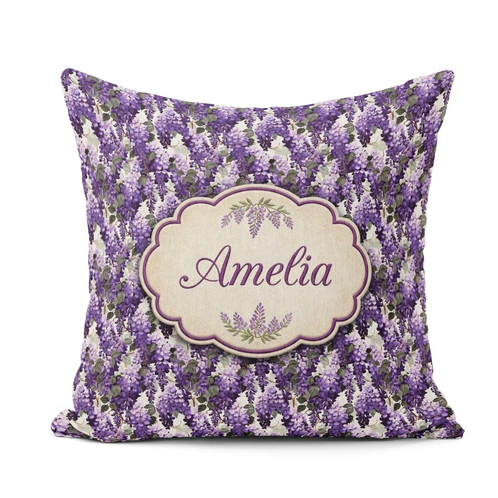 Custom Name Elegant Purple Wisteria Clusters with Leaves Pattern Square Filled Cushion Throw Pillow Sofa Bed Home Decor Zip Washable UK Made