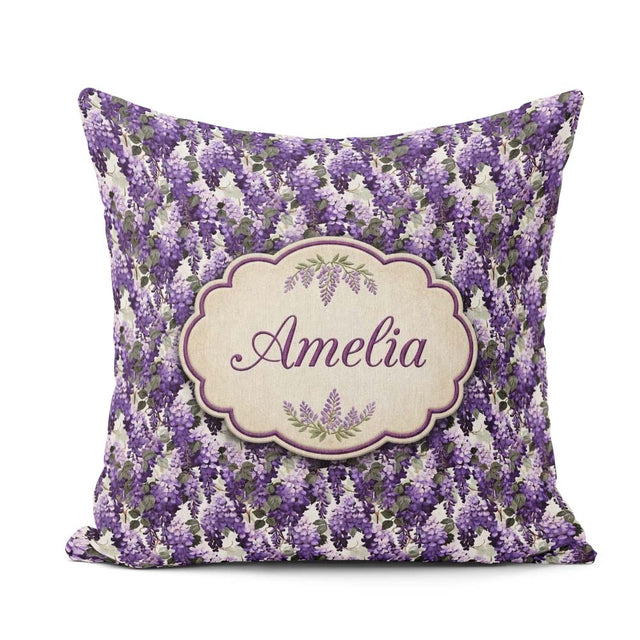 Custom Name Elegant Purple Wisteria Clusters with Leaves Pattern Square Filled Cushion Throw Pillow Sofa Bed Home Decor Zip Washable UK Made