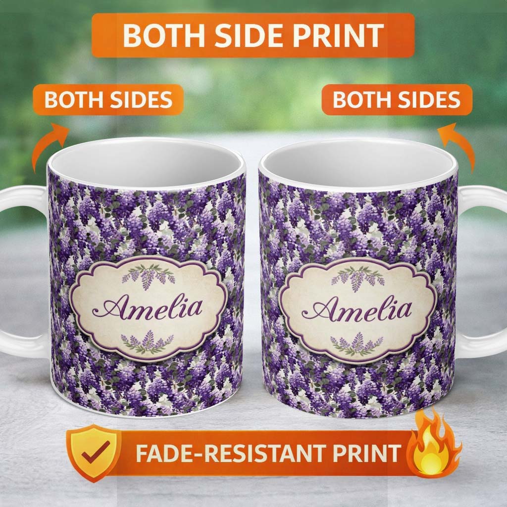 Personalized Custom Name Elegant Purple Wisteria Clusters with Soft Leaves Seamless Pattern 11oz Ceramic Coffee Tea Mug White Large Handle