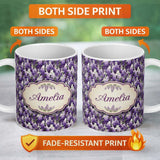 Personalized Custom Name Elegant Purple Wisteria Clusters with Soft Leaves Seamless Pattern 11oz Ceramic Coffee Tea Mug White Large Handle