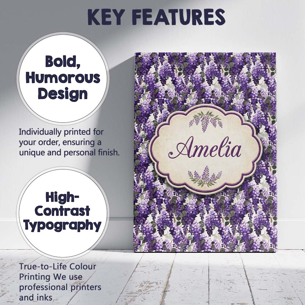 Personalised Name Elegant Purple Wisteria Custom  Bespoke Decorative Contemporary Canvas Wall Art Print Decor Picture Ready to Hang