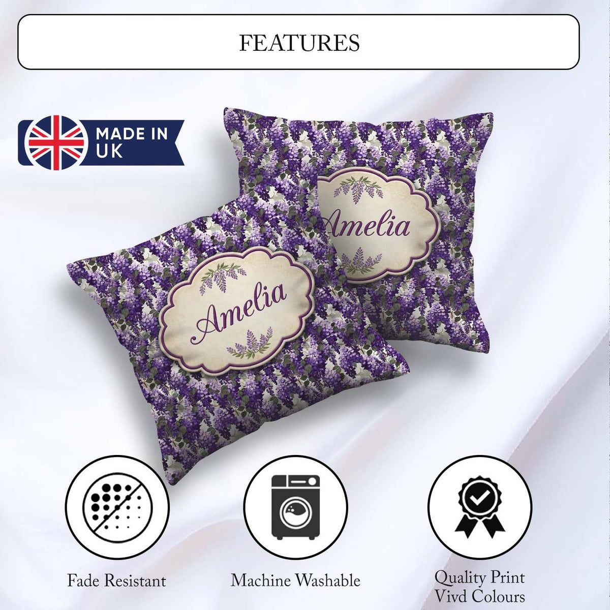 Custom Name Elegant Purple Wisteria Clusters with Leaves Pattern Square Filled Cushion Throw Pillow Sofa Bed Home Decor Zip Washable UK Made