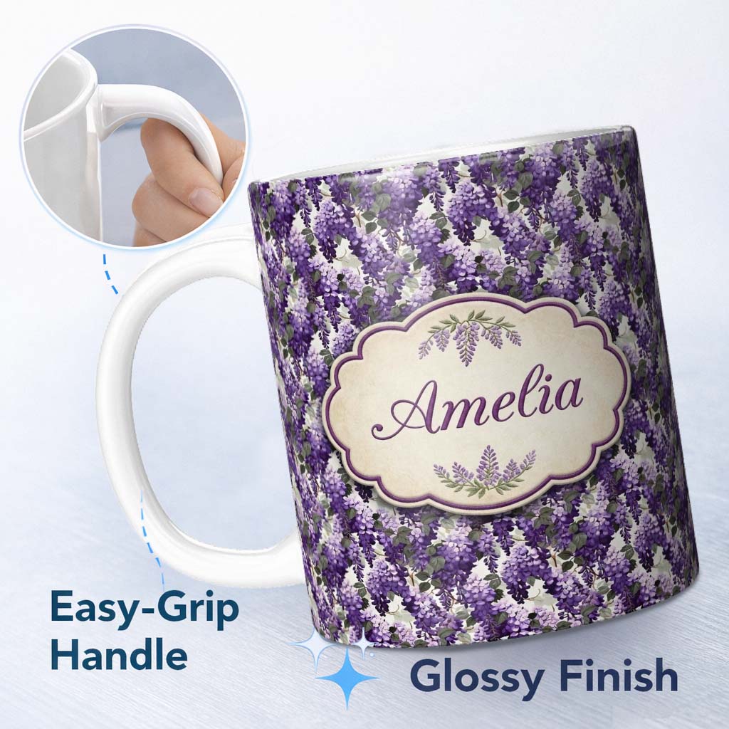 Personalized Custom Name Elegant Purple Wisteria Clusters with Soft Leaves Seamless Pattern 11oz Ceramic Coffee Tea Mug White Large Handle