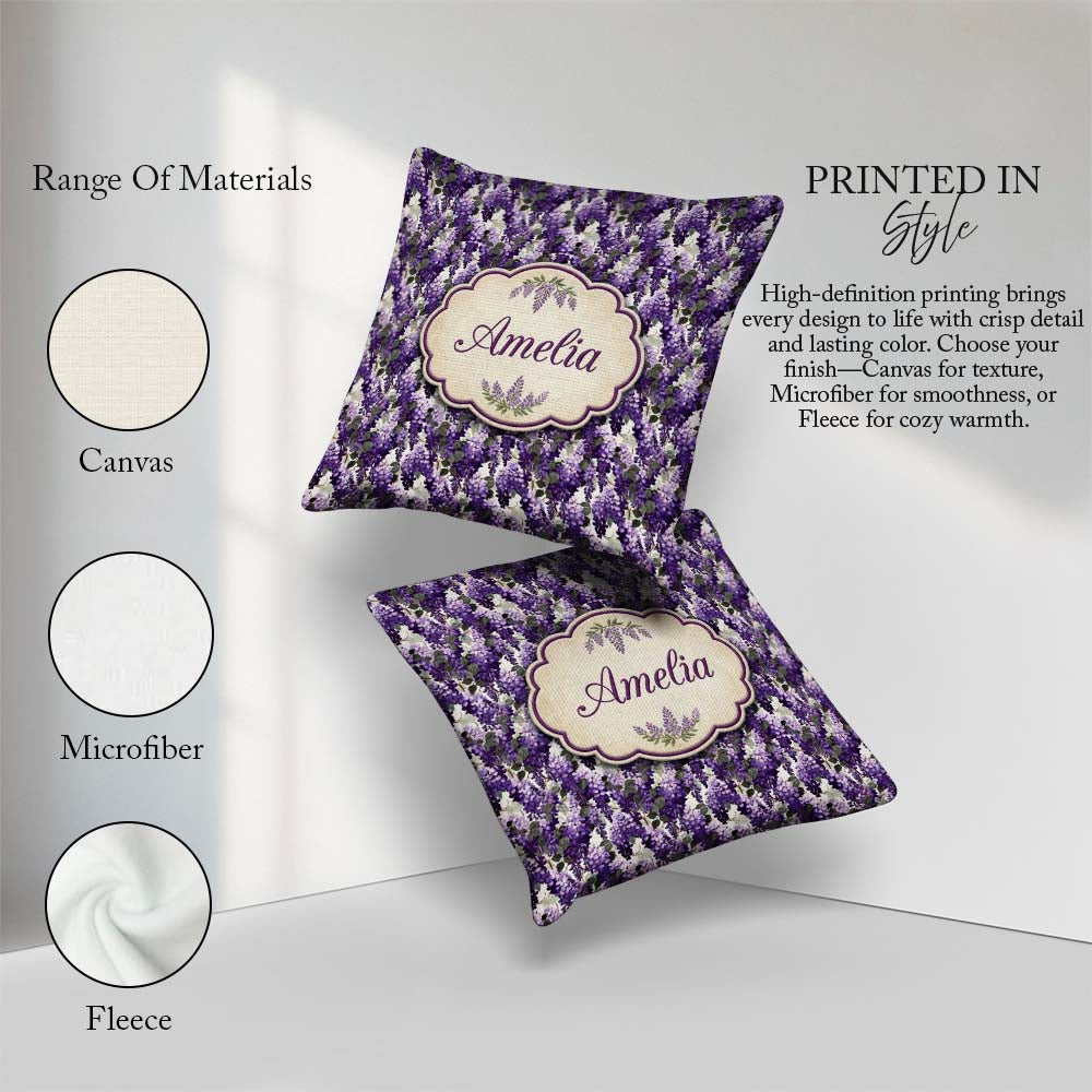 Custom Name Elegant Purple Wisteria Clusters with Leaves Pattern Square Filled Cushion Throw Pillow Sofa Bed Home Decor Zip Washable UK Made