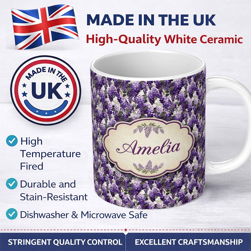 Personalized Custom Name Elegant Purple Wisteria Clusters with Soft Leaves Seamless Pattern 11oz Ceramic Coffee Tea Mug White Large Handle