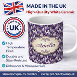Personalized Custom Name Elegant Purple Wisteria Clusters with Soft Leaves Seamless Pattern 11oz Ceramic Coffee Tea Mug White Large Handle