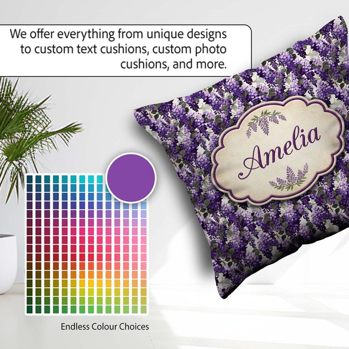 Custom Name Elegant Purple Wisteria Clusters with Leaves Pattern Square Filled Cushion Throw Pillow Sofa Bed Home Decor Zip Washable UK Made