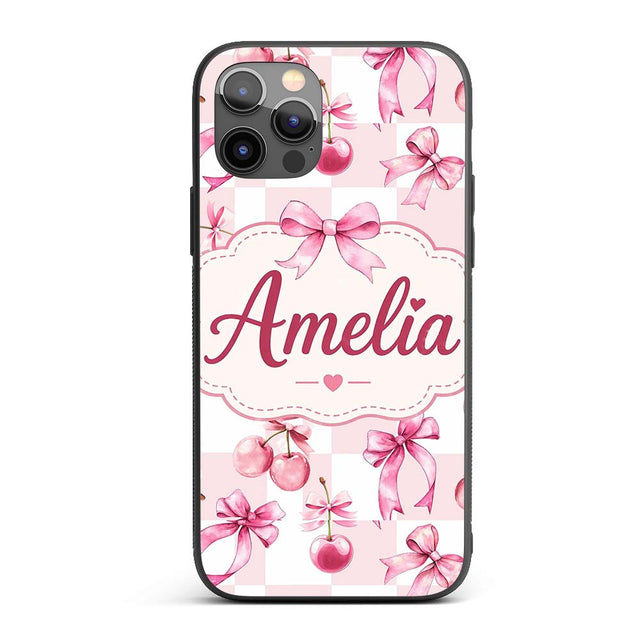 Watercolor Cherry Bow Ribbon Pink Gingham Picnic Custom Name Protective Phone Case Mobile Cover Durable Everyday Smartphone Shock Resistant