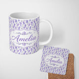 Personalized Custom Name Minimal Lavender Botanical Stems on Light Background Seamless 11oz Ceramic Coffee Tea Mug White Large Handle