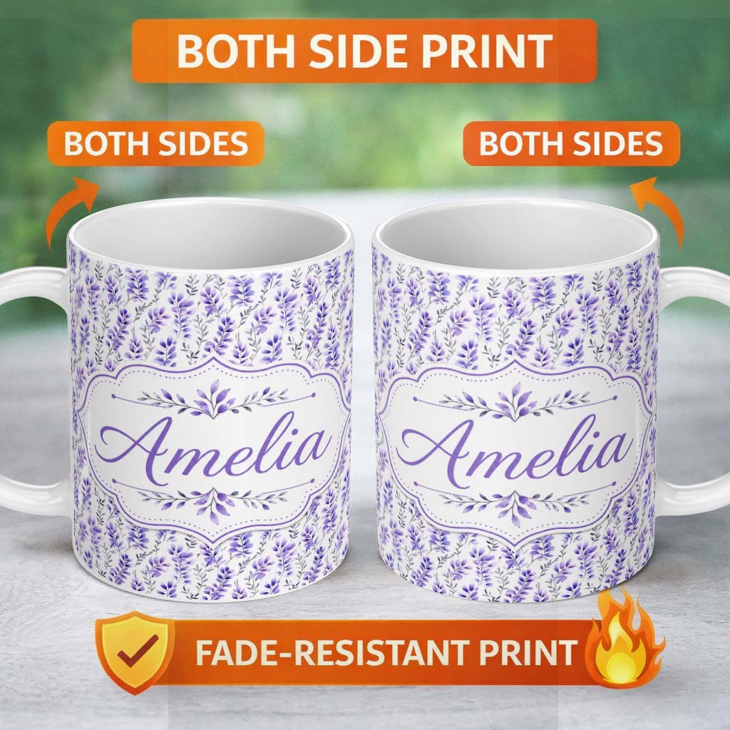 Personalized Custom Name Minimal Lavender Botanical Stems on Light Background Seamless 11oz Ceramic Coffee Tea Mug White Large Handle