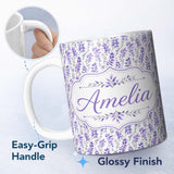 Personalized Custom Name Minimal Lavender Botanical Stems on Light Background Seamless 11oz Ceramic Coffee Tea Mug White Large Handle