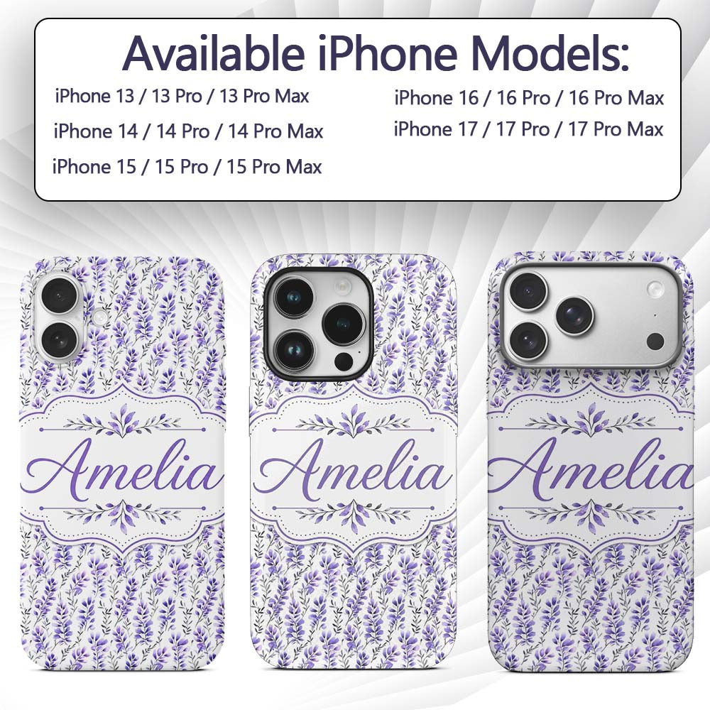 Minimal Lavender Botanical Stems Printed Design Custom Name Protective Phone Case Mobile Cover Durable Everyday Smartphone Shock Resistant