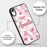 Watercolor Cherry Bow Ribbon Pink Gingham Picnic Custom Name Protective Phone Case Mobile Cover Durable Everyday Smartphone Shock Resistant