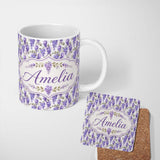 Personalized Custom Name Soft Lilac Wisteria Floral Cascading Branches Seamless Pattern Name 11oz Ceramic Coffee Tea Mug White Large Handle