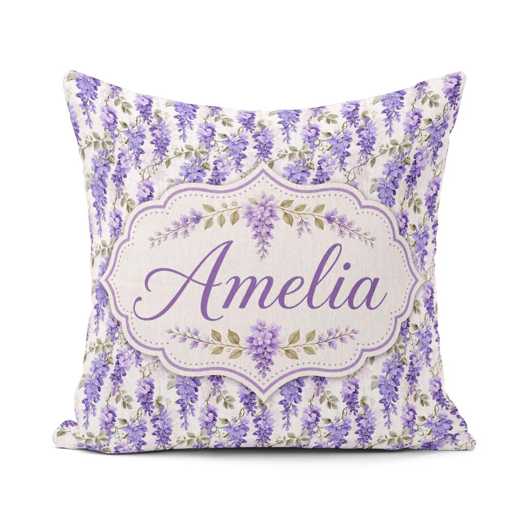 Custom Name Soft Lilac Wisteria Floral Branches Seamless Pattern Square Filled Cushion Throw Pillow Sofa Bed Home Decor Zip Washable UK Made