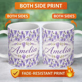 Personalized Custom Name Soft Lilac Wisteria Floral Cascading Branches Seamless Pattern Name 11oz Ceramic Coffee Tea Mug White Large Handle
