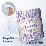 Personalized Custom Name Soft Lilac Wisteria Floral Cascading Branches Seamless Pattern Name 11oz Ceramic Coffee Tea Mug White Large Handle
