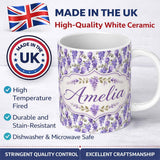 Personalized Custom Name Soft Lilac Wisteria Floral Cascading Branches Seamless Pattern Name 11oz Ceramic Coffee Tea Mug White Large Handle
