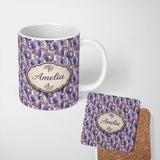 Personalized Custom Name Pastel Purple Wisteria Blooms with Delicate Leaves Seamless Pattern 11oz Ceramic Coffee Tea Mug White Large Handle